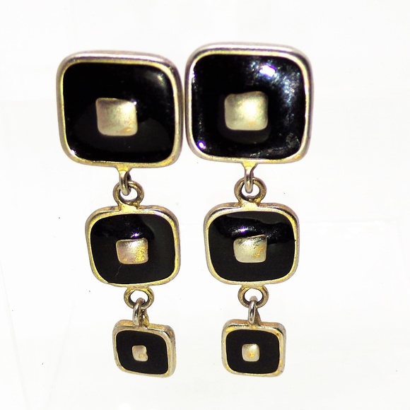 Black Enamel & Brushed Silver tone Pierce Earrings - Picture 1 of 2